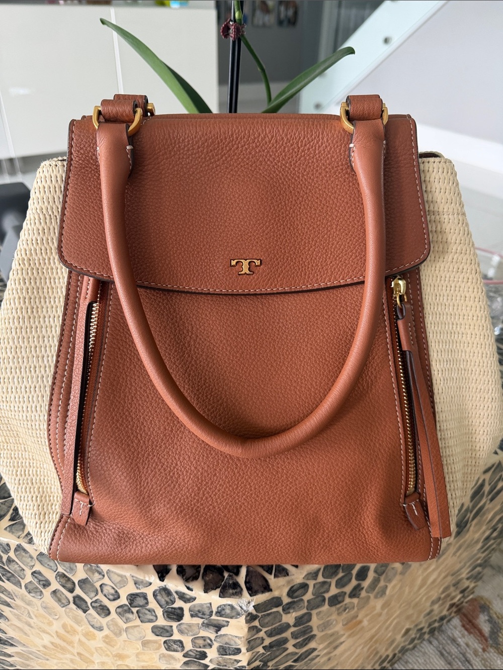 Tory Burch Cognac Leather and Cream Woven Shoulder Bag